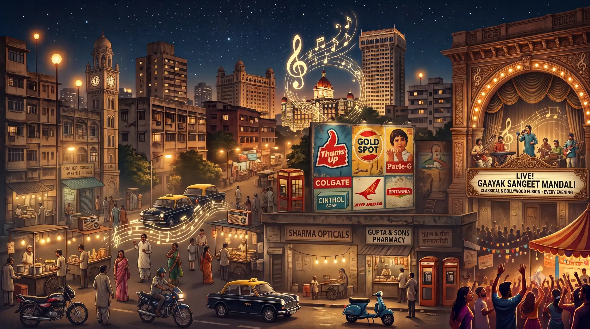 Illustrated night scene of a Bombay street with music notes drifting past taxis, food carts and a lit-up stage